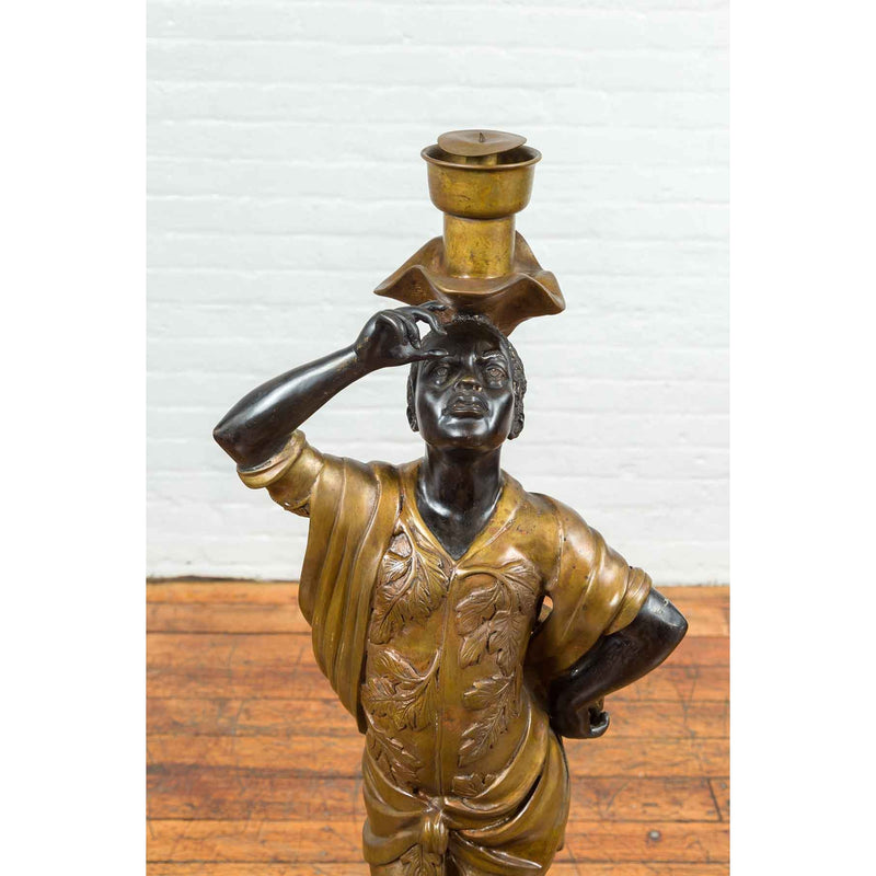 Vintage Bronze Candleholder Statue with Black and Gold Patina, on Shell Base-Custom Bronze Statues & Fountains for Sale-Randolph Rose Collection