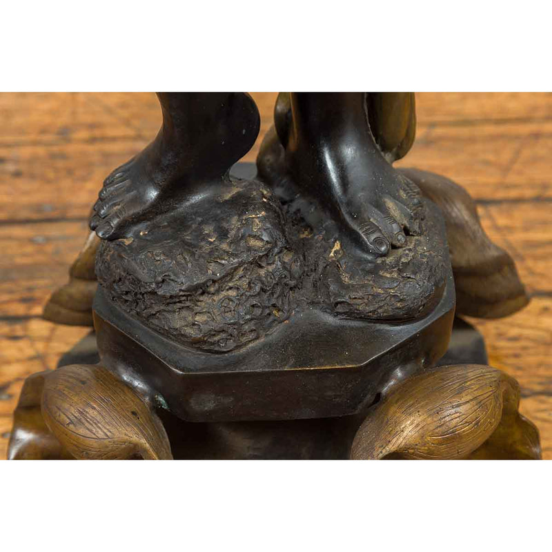 Vintage Bronze Candleholder Statue with Black and Gold Patina, on Shell Base-Custom Bronze Statues & Fountains for Sale-Randolph Rose Collection