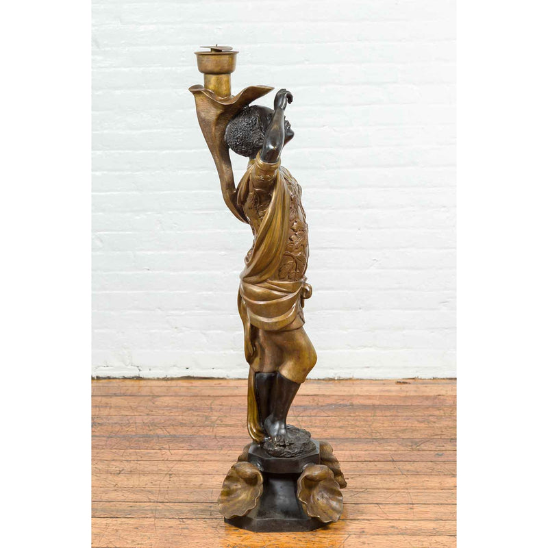 Vintage Bronze Candleholder Statue with Black and Gold Patina, on Shell Base-Custom Bronze Statues & Fountains for Sale-Randolph Rose Collection