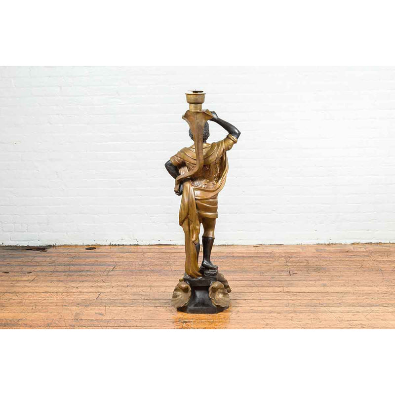 Vintage Bronze Candleholder Statue with Black and Gold Patina, on Shell Base-Custom Bronze Statues & Fountains for Sale-Randolph Rose Collection