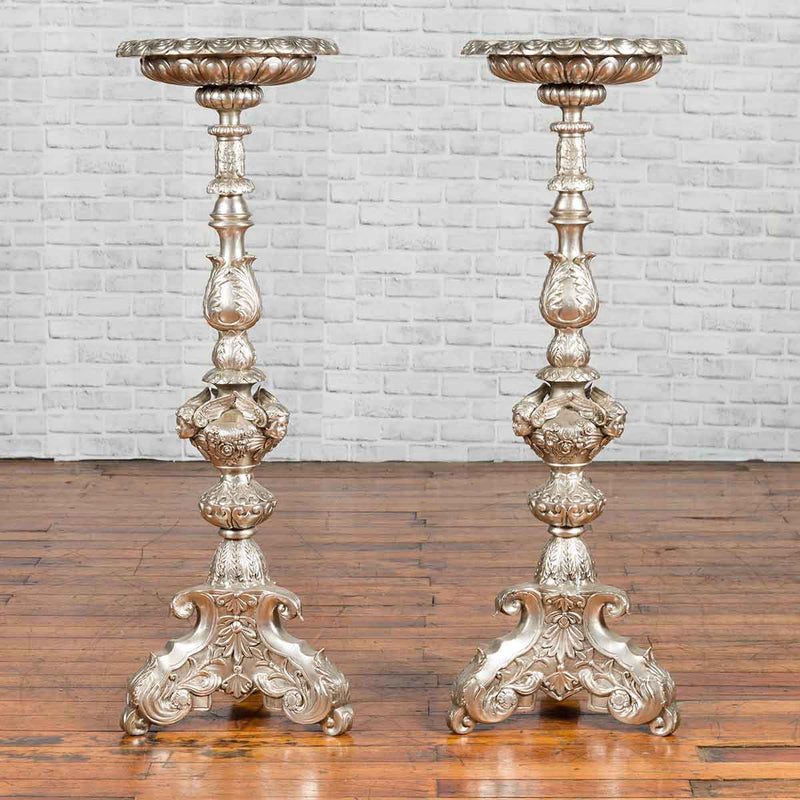 Contemporary Baroque Style Silver Plated Bronze Candlestick with Cherub Figures-Custom Bronze Statues & Fountains for Sale-Randolph Rose Collection