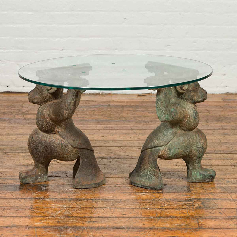 Bronze Double Monkey Coffee Table Base with Verde Patina-Custom Bronze Statues & Fountains for Sale-Randolph Rose Collection