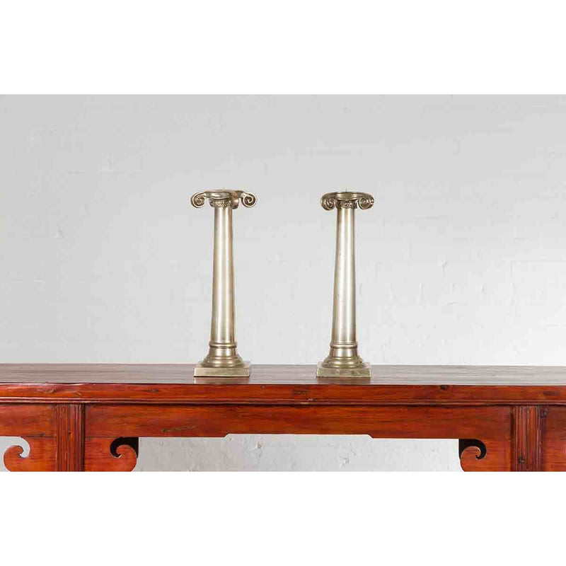 Pair of Brushed Silver over Bronze Column Candlesticks with Large Ionic Capitals-Custom Bronze Statues & Fountains for Sale-Randolph Rose Collection