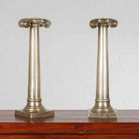 Pair of Silver over Bronze Column Candlesticks
