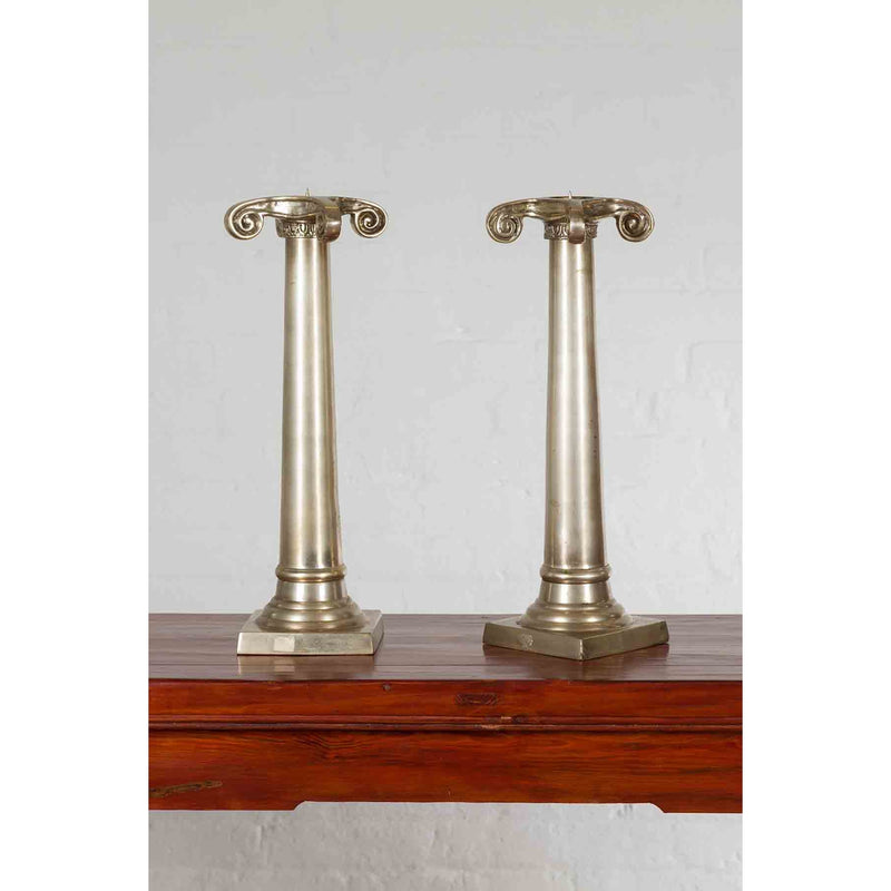 Pair of Brushed Silver over Bronze Column Candlesticks with Large Ionic Capitals-Custom Bronze Statues & Fountains for Sale-Randolph Rose Collection