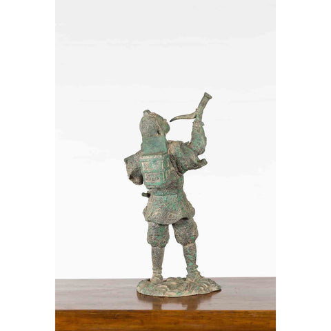 Vintage Lost Wax Cast Verde Bronze Statuette of a Soldier Holding a Horn