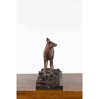 Lost Wax Cast Bronze Statuette of a Deer Mounted on Marble Base