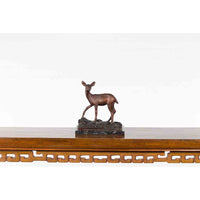 Lost Wax Cast Bronze Statuette of a Deer Mounted on Marble Base