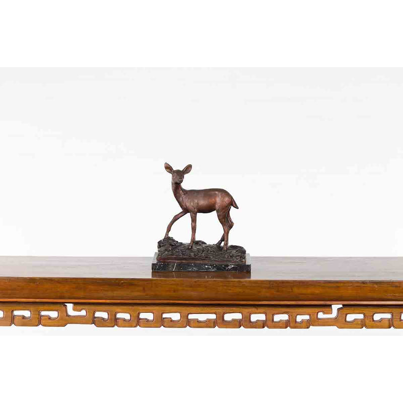Lost Wax Cast Bronze Statuette of a Deer Mounted on Marble Base-Custom Bronze Statues & Fountains for Sale-Randolph Rose Collection