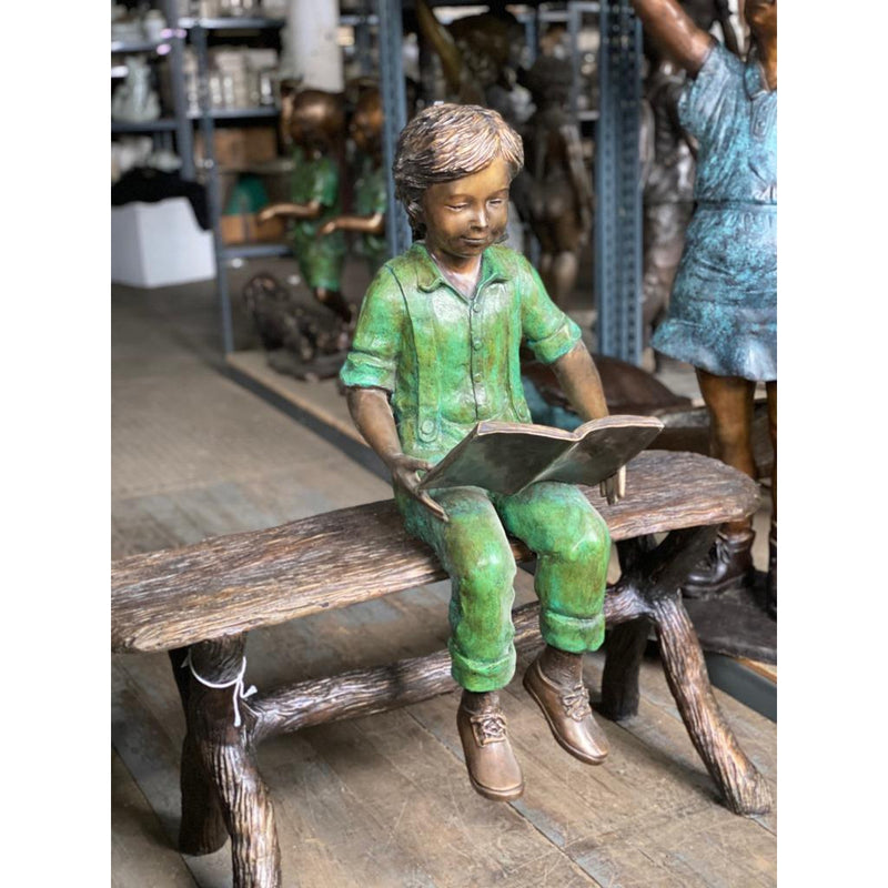 Best Friend Boy Reading on Bench-Bronze Children Garden Statues-Randolph Rose Collection-RG1983