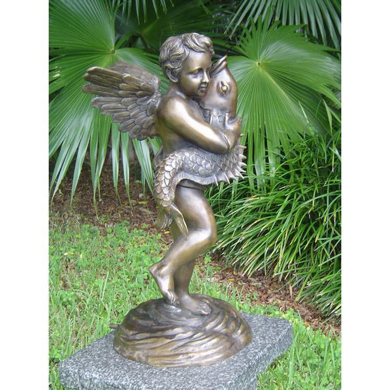 Bronze Angel Holding Fish Garden Fountain | Randolph Rose Collection