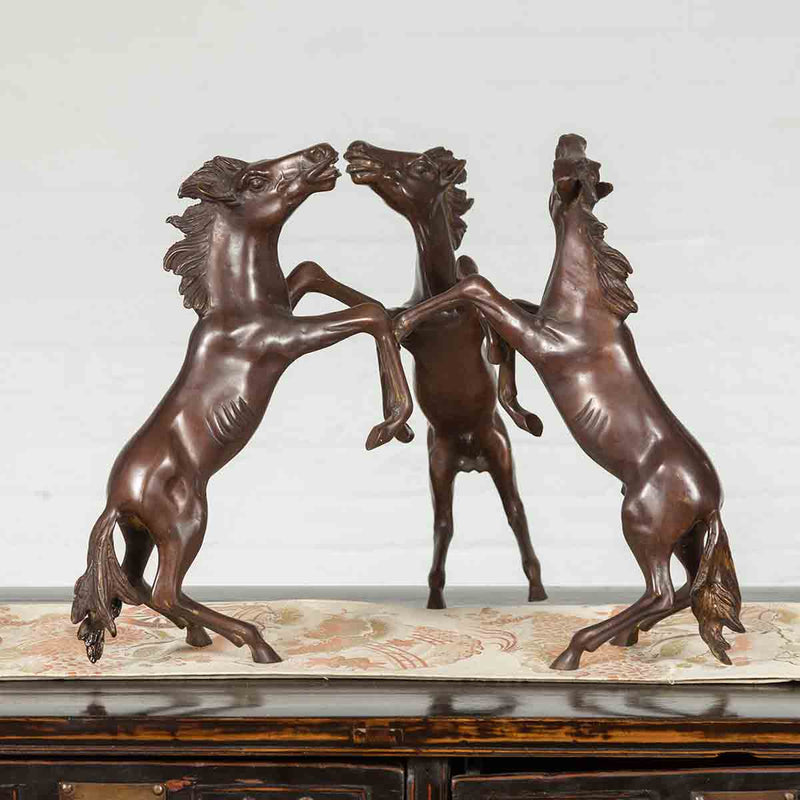 Bronze Triple Rearing Horses Table Base Statue | Randolph Rose