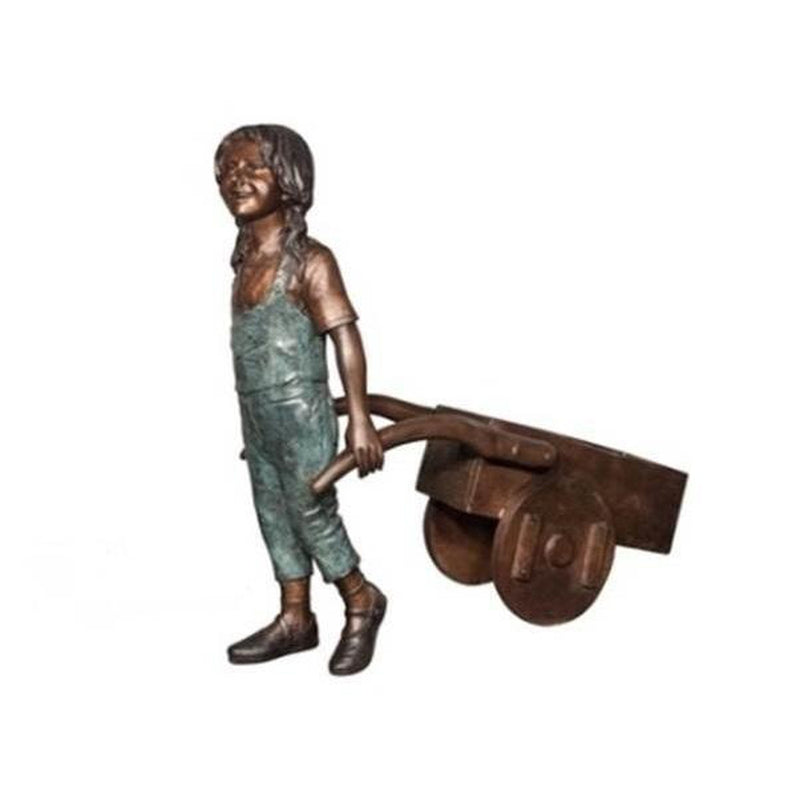 Girl with Wheelbarrow Bronze Statue | Children Playing Sculptures