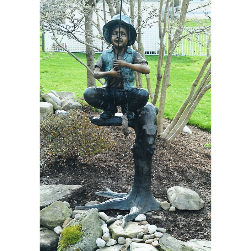 bronze boy with fishing pole Children's Bronze Fishing Statue for Kids