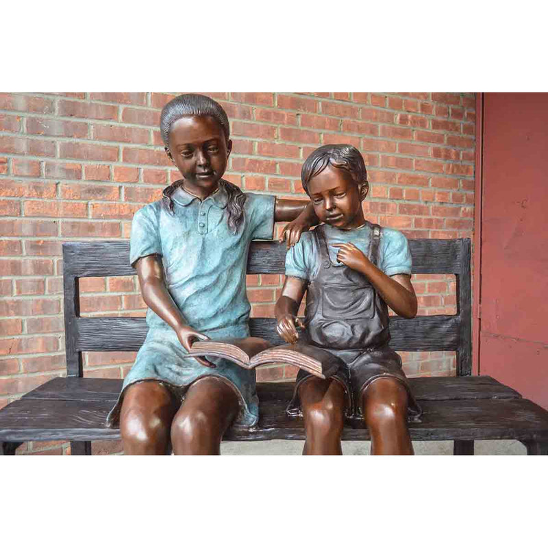 Children's Reading Statue on Bronze Bench | Randolph Rose Collection