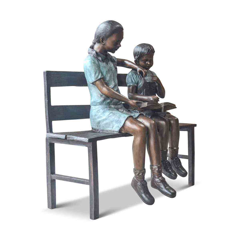 Helping Statue Children's Reading Statue on Bronze Bench | Randolph Rose Collection