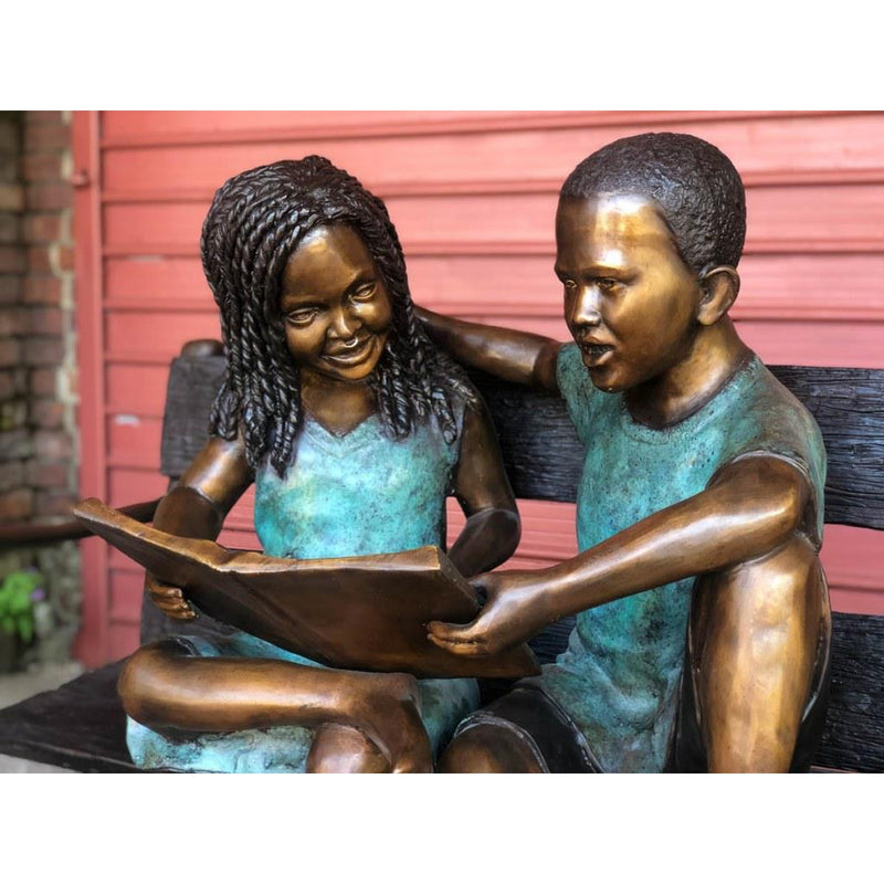 Story Time - African American Children Sitting on Bench-Bronze Children Garden Statues-Randolph Rose Collection-RG1570